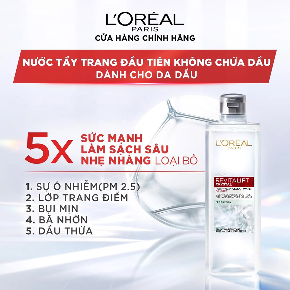 Nước tẩy trang và làm sạch da L’oreal Revitalift crystal Purifying Micellar water